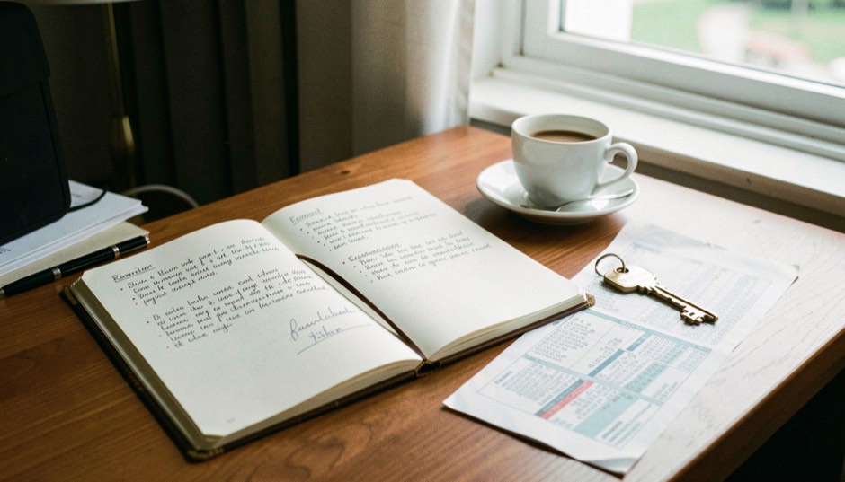Hotelier notebook open on a wooden desk with handwritten room notes, a brass room key, a train timetable and a cup of coffee by a bright window