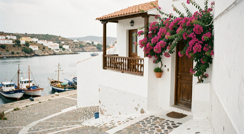 Whitewashed Ferragudo street sloping toward the Arade river with a small guesthouse terrace, bougainvillea over a doorway and fishing boats below