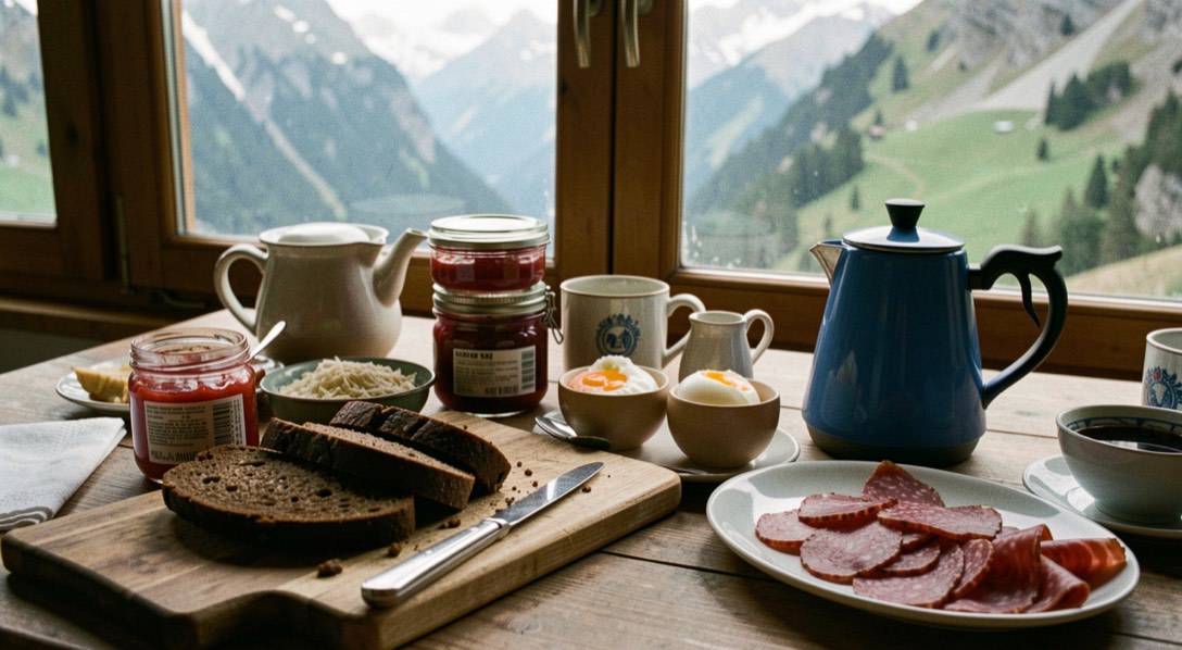 Alpine guesthouse breakfast spread on a wooden table with dark bread sliced on a board, jars of red jam, soft boiled eggs, speck and a blue coffee pot by a mountain window