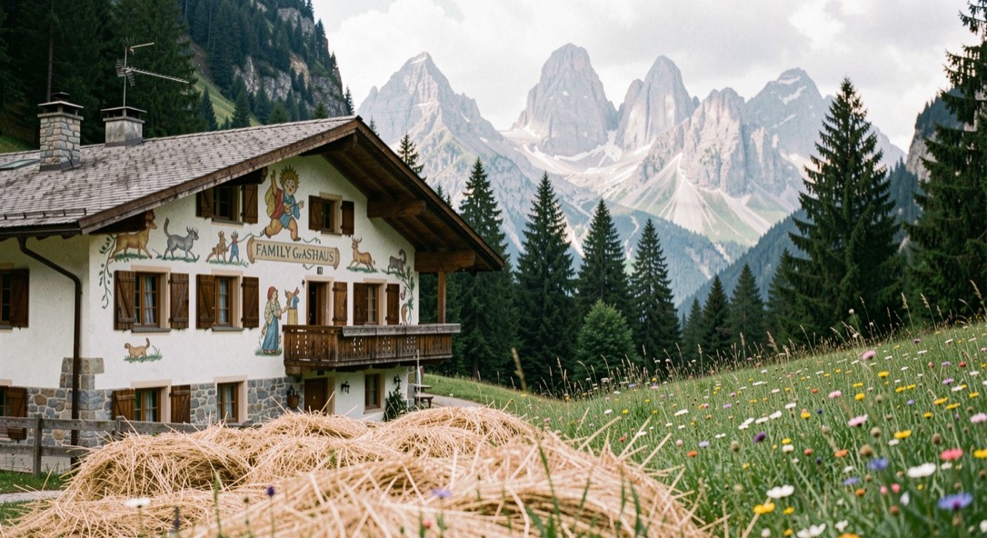 Family gasthaus in the Alta Pusteria valley with painted facade, wooden shutters, hay meadow in flower and Dolomite towers above the larches