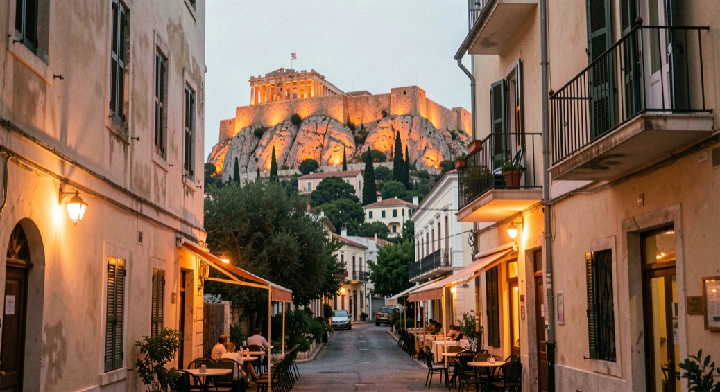 Koukaki street in Athens in early evening with a small hotel balcony facing the floodlit Acropolis rock, orange light on plaster walls and taverna tables below