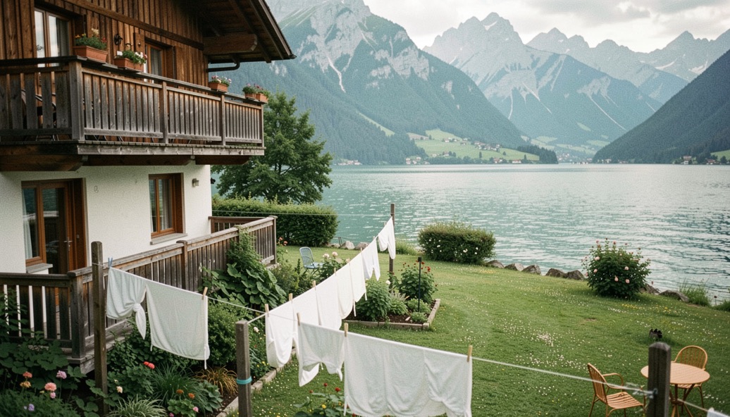 Guesthouse garden at Lake Bohinj with wooden balconies, white blankets airing on rails and the green water and Julian peaks behind the meadow