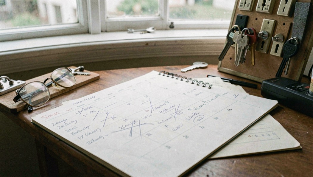 Paper calendar on a guesthouse desk with pencilled bookings and crossed out weeks, reading glasses, keys on a board and a window of hotel keys behind