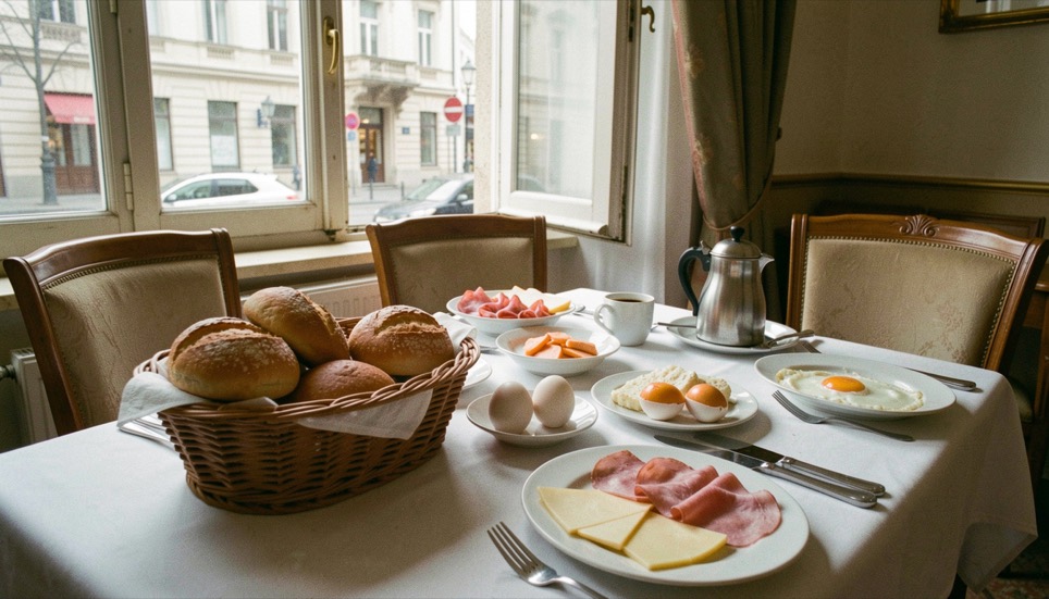 Long hotel breakfast table in Vienna light with rolls in a basket, sliced ham and cheese on plates, boiled eggs, a coffee pot and a window open to the street