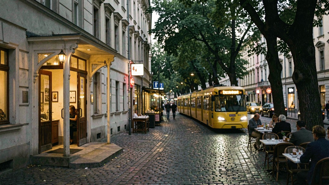 Inner Pest street in Budapest at dusk with a small hotel entrance lit warmly, plane trees, the yellow metro passing and dinner tables on the pavement
