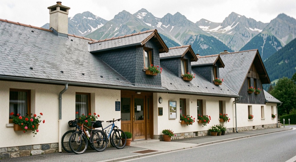Slate roofed family hotel on a Cauterets street with mountain bikes chained at the door, geranium boxes and high Pyrenean slopes behind the rooftops