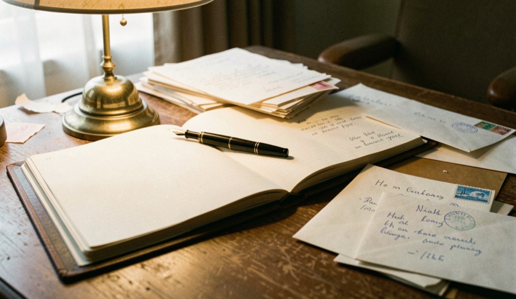 Writing desk with a brass service bell, folded letters, a fountain pen resting on an open ledger and envelopes addressed by hand in warm lamp light