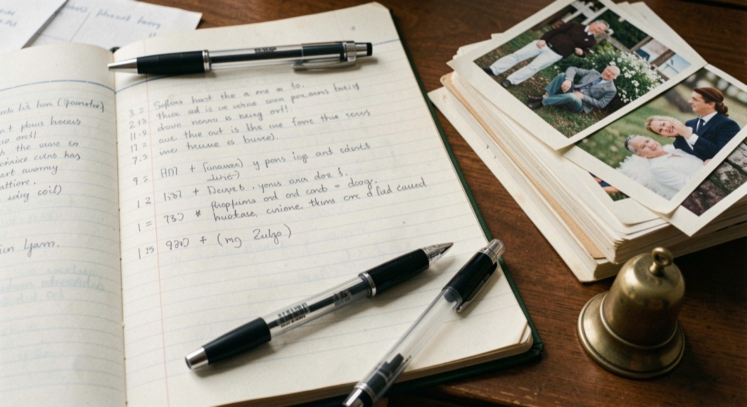 Editorial desk with a ruled notebook of pencilled corrections, two pens, a stack of marked photographs and a small brass bell at the edge of the page