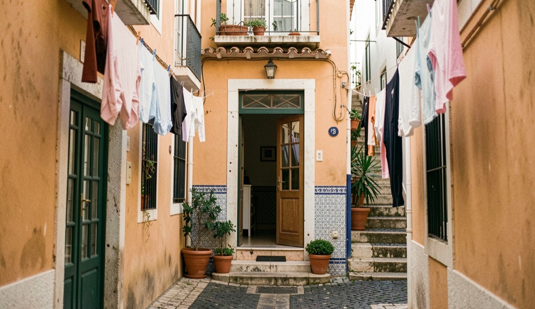 Narrow Alfama street in Lisbon climbing past a small tiled hotel entrance, potted plants on the steps and laundry strung between ochre walls in morning light