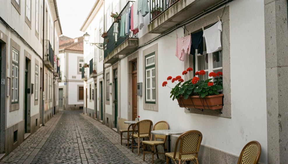 Granite street in Cedofeita Porto in morning light with a small guesthouse window box of geraniums, laundry above and a cafe setting chairs outside