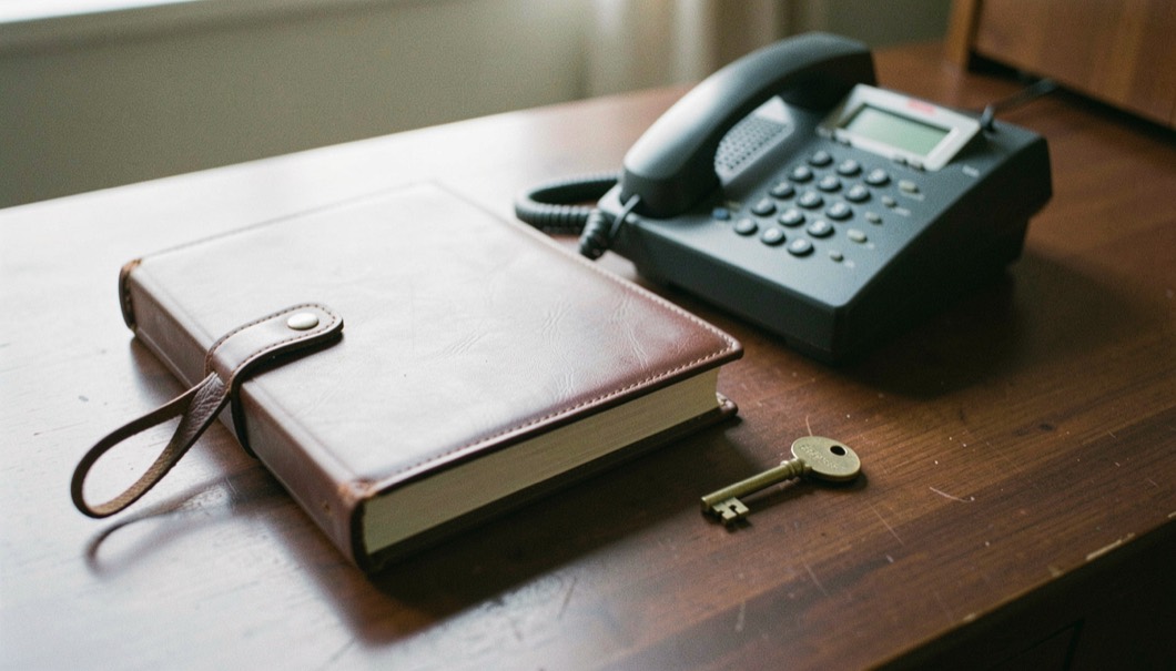 Closed guest ledger with a leather strap beside a switched off telephone and a small brass key on a dark wooden table in soft light