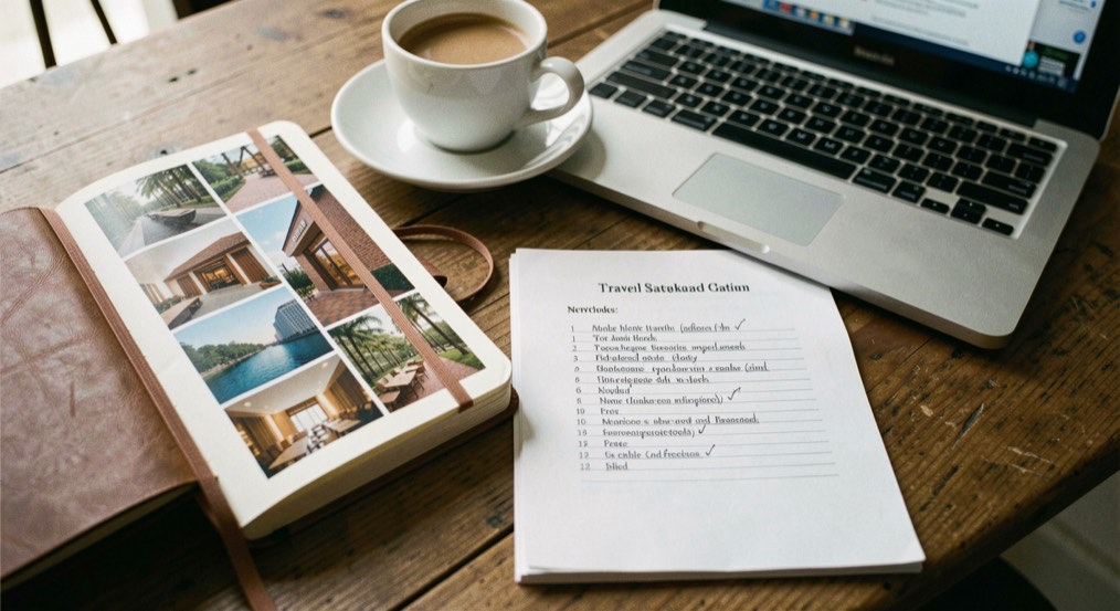 Traveller notebook beside a laptop showing hotel photographs, a printed listing page with pencil underlinings and a cup of coffee on a Saturday morning table
