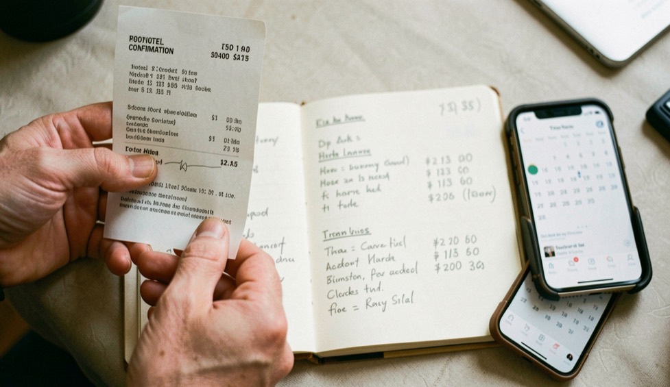 Traveller hands comparing a printed hotel confirmation with an open notebook of handwritten rates beside a phone showing a calendar