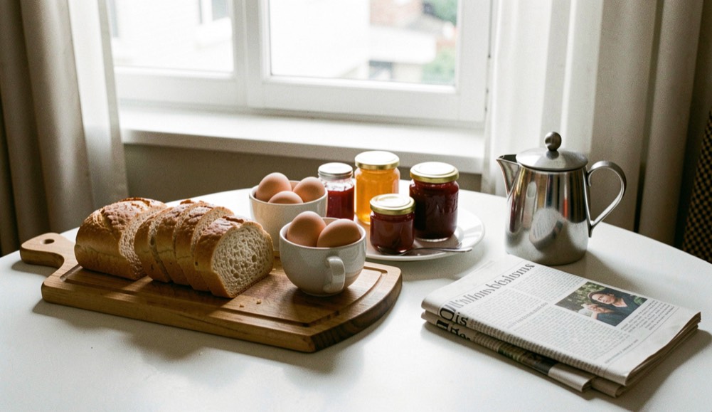 Hotel breakfast table by a bright window with sliced bread on a board, boiled eggs in a cup, jam jars, coffee pot and a folded newspaper