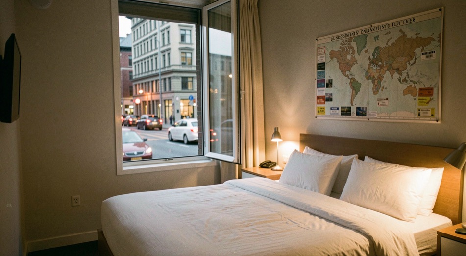 Compact city hotel room with a neatly made double bed, a wall map pinned with tickets, a desk lamp lit and a tall window open to evening traffic