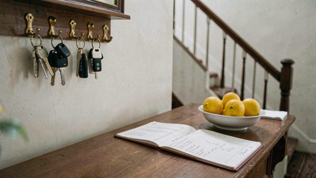 Small hotel reception desk with room keys on brass hooks, a paper ledger open beside a bowl of lemons and a stair rail beyond