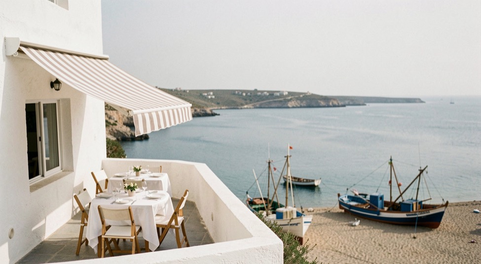 Whitewashed guesthouse terrace above a calm sea bay with three set tables, a striped awning and fishing boats pulled onto sand below