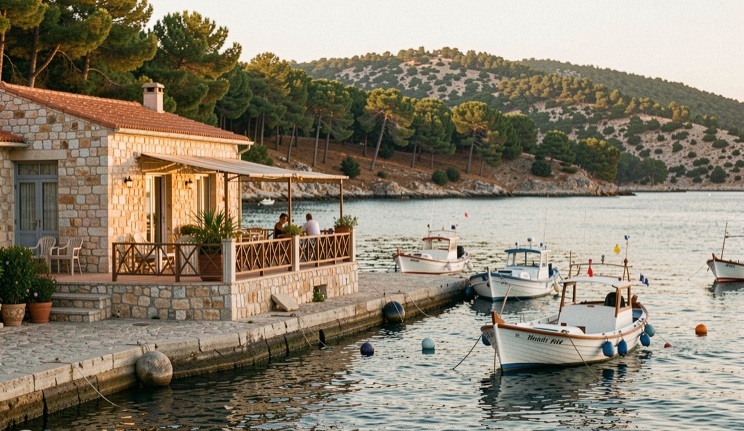 Old harbour of Nikiti on the Sithonia peninsula at golden evening with a stone guesthouse terrace, fishing caiques moored and pine hills behind the bay