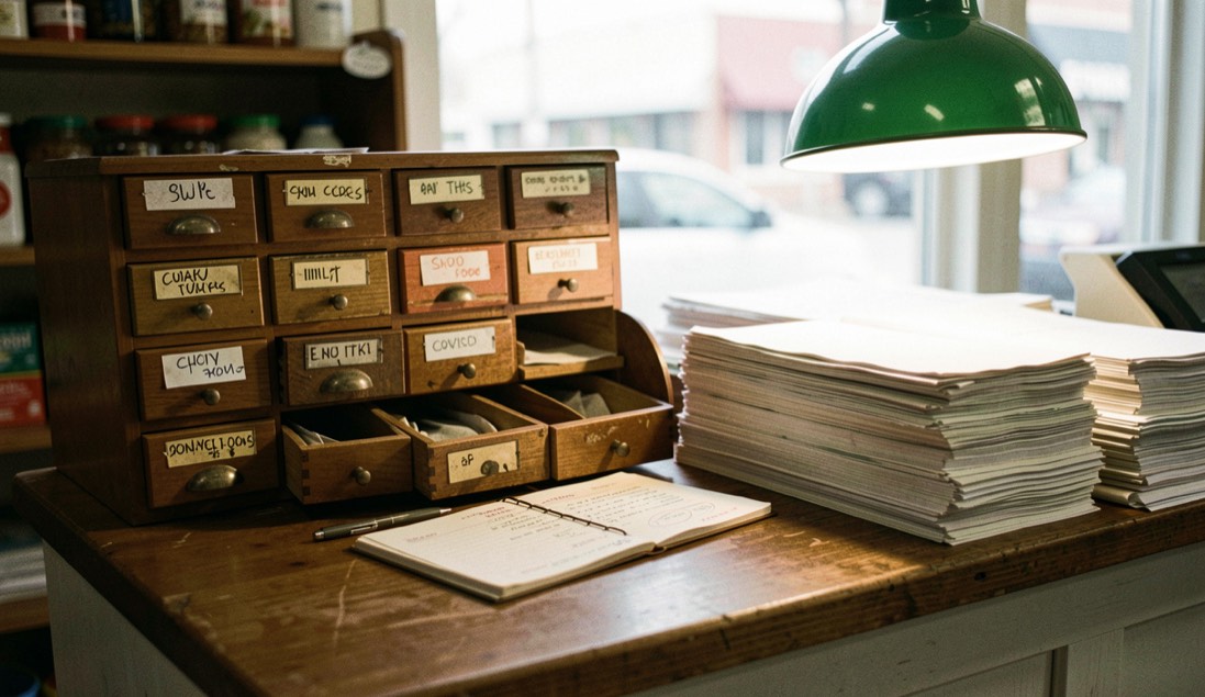 Shopkeeper style counter with a small open cash book, labelled drawers, a stamped receipt and neat stacks of paper under a green lamp