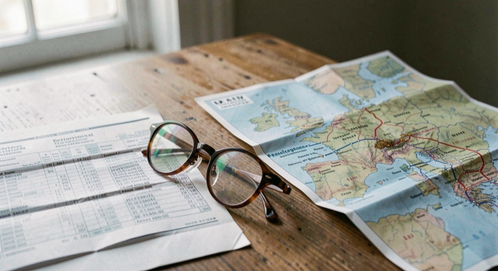 Reading glasses resting on a printed train timetable beside a folded map of European rail lines on a wooden table in soft daylight